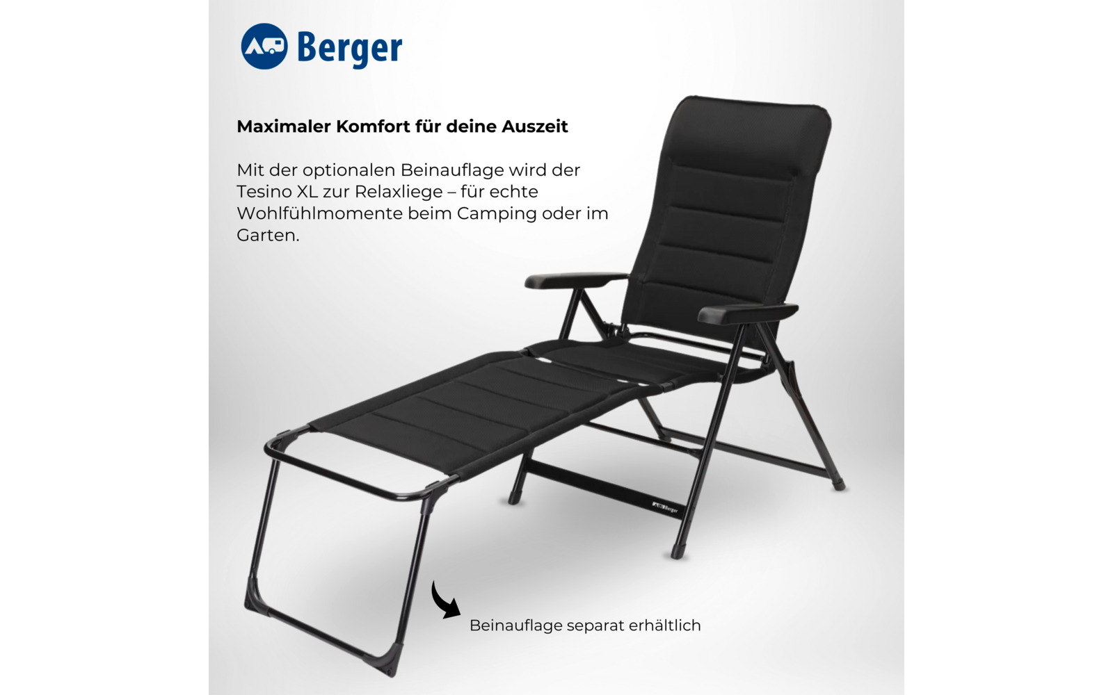 Black reclining lounge chair with padded cushion and separate footrest on a light background; Berger logo and German text top left