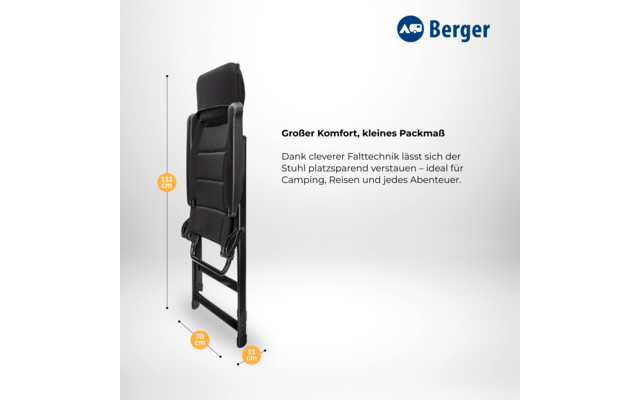 Folded black chair, left dimension '111 cm', bottom dimensions '70 cm' and '11 cm', visible German text 'Großer Komfort, kleines Packmaß' and a short descriptive paragraph to the right, Berger logo top right