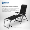 Fauteuil-lounge noir inclinable avec structure métallique et repose-jambes séparé sur fond blanc ; en haut à gauche logo bleu 'Berger' et texte publicitaire en allemand avec une flèche