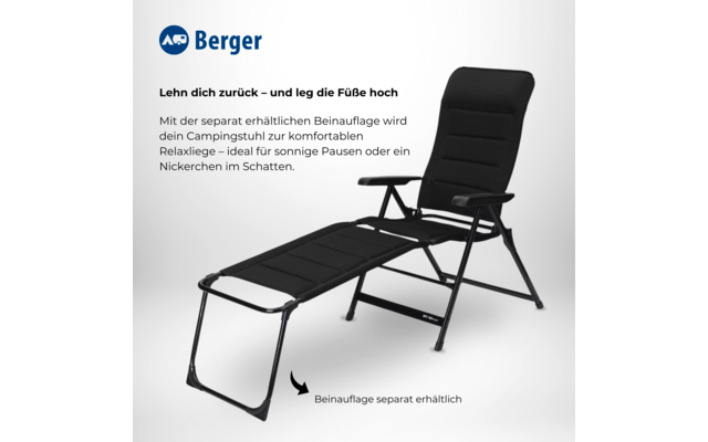 Fauteuil-lounge noir inclinable avec structure métallique et repose-jambes séparé sur fond blanc ; en haut à gauche logo bleu 'Berger' et texte publicitaire en allemand avec une flèche