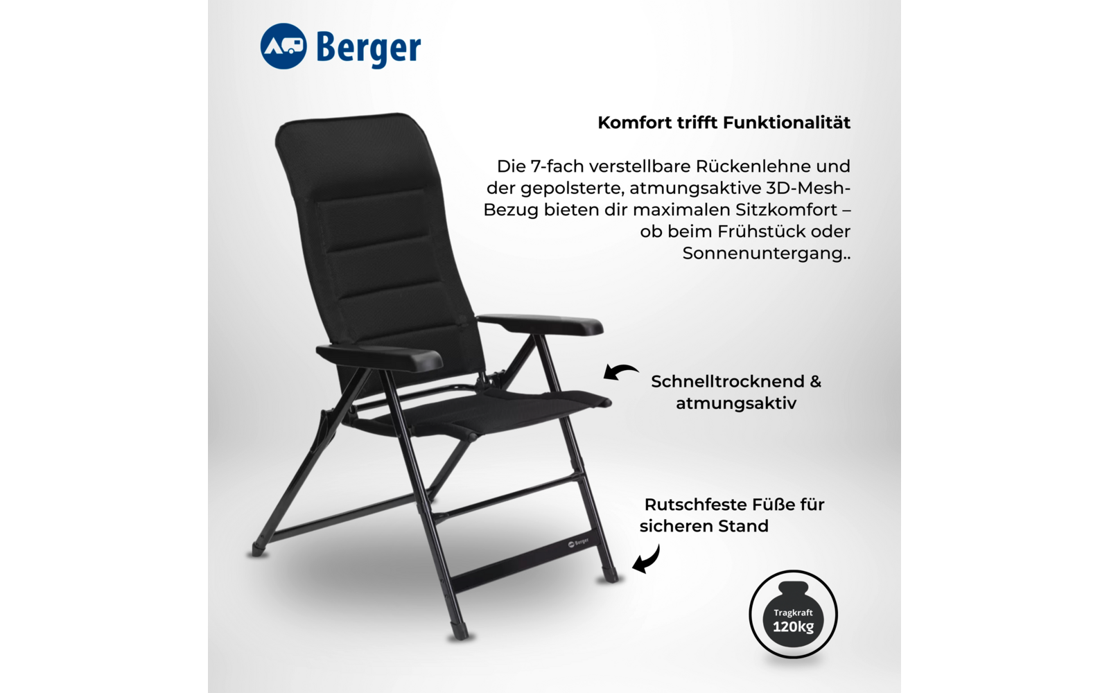 Chaise pliante noire avec dossier rembourré, accoudoirs et structure métallique; flèches et texte à droite; en haut à gauche logo bleu 'Berger'; en bas à droite symbole circulaire portant l'inscription 'Tragkraft 120kg'