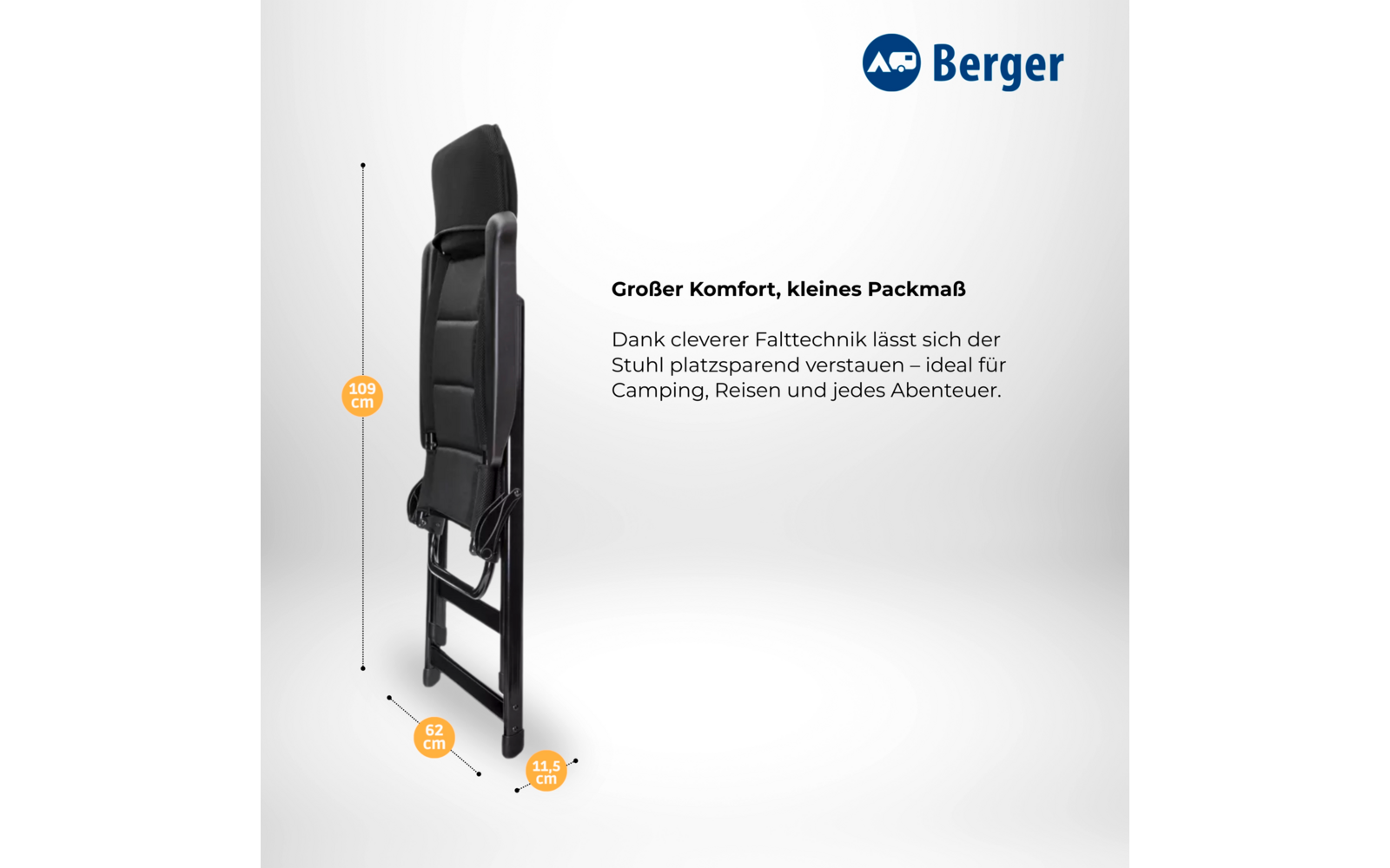 Chaise noire rembourrée repliée en position verticale; texte produit en allemand à droite; logo Berger en haut à droite; lignes de mesure orange indiquant 109 cm, 62 cm et 11,5 cm; fond clair en dégradé