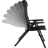 Chaise pliable noire avec appui-tête et accoudoirs, devant plusieurs contours semi-transparents du dossier à différents angles d'inclinaison