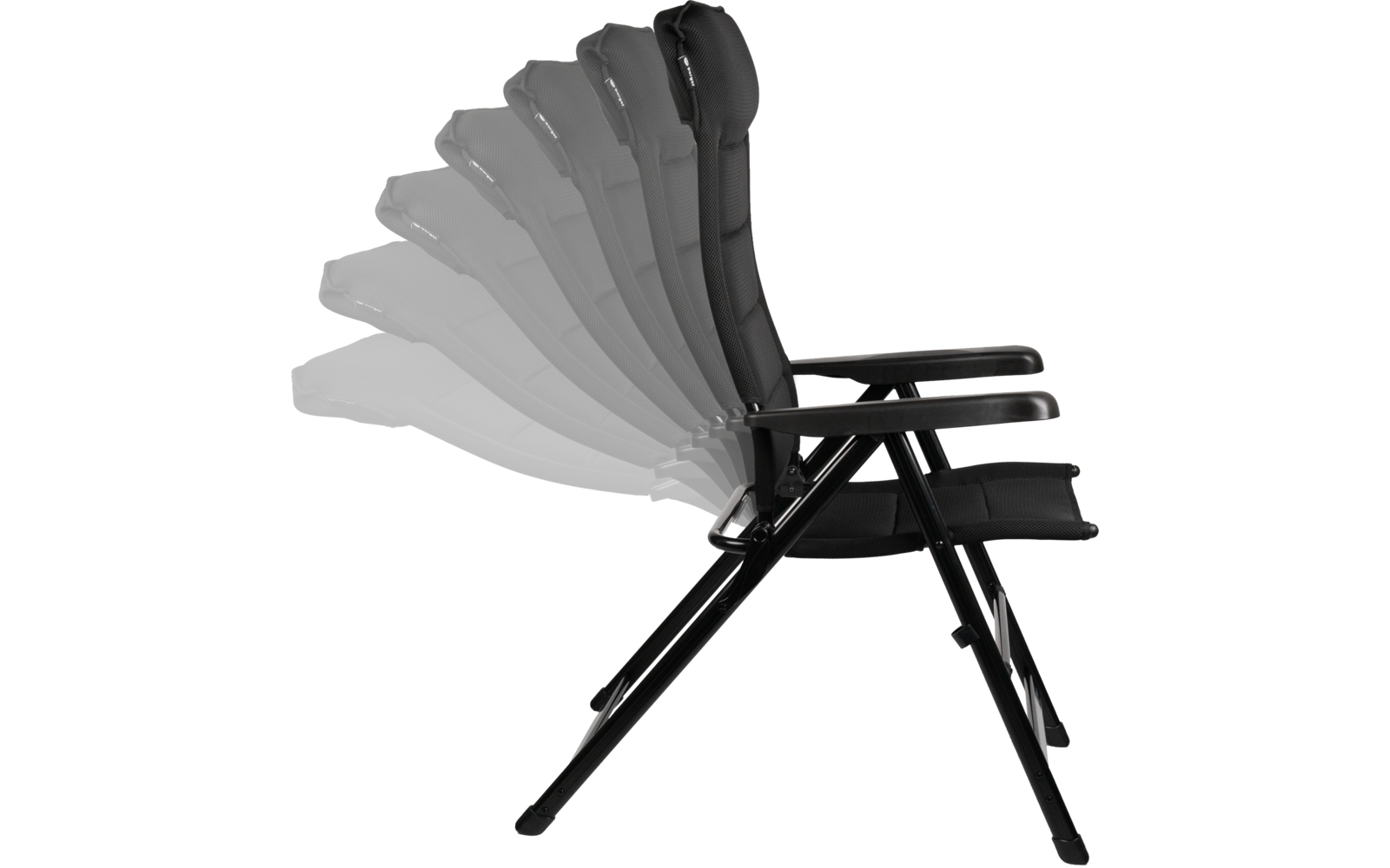 Chaise pliable noire avec appui-tête et accoudoirs, devant plusieurs contours semi-transparents du dossier à différents angles d'inclinaison