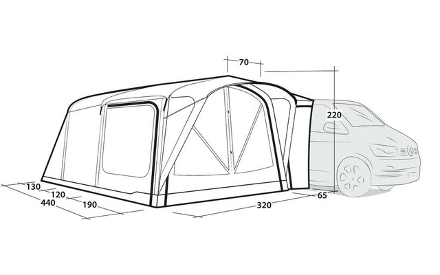 Zwart-witte technische tekening van een aangebouwde constructie met twee zijramen, een centrale opening, diagonale steunbalken, rechts een gedeeltelijk zichtbare auto en maatlabels