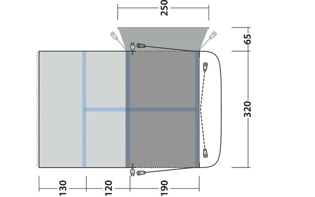 Bovenaanzicht van een rechthoekig, tweekleurig gearceerd vlak (links lichtgrijs, rechts donkergrijs) met blauwe scheidingslijnen; maten: boven '250', rechts '65' en '320', onder '130', '120', '190'; kleine verbindingssymbolen op drie hoeken met stippellijnen; rechterrand afgerond