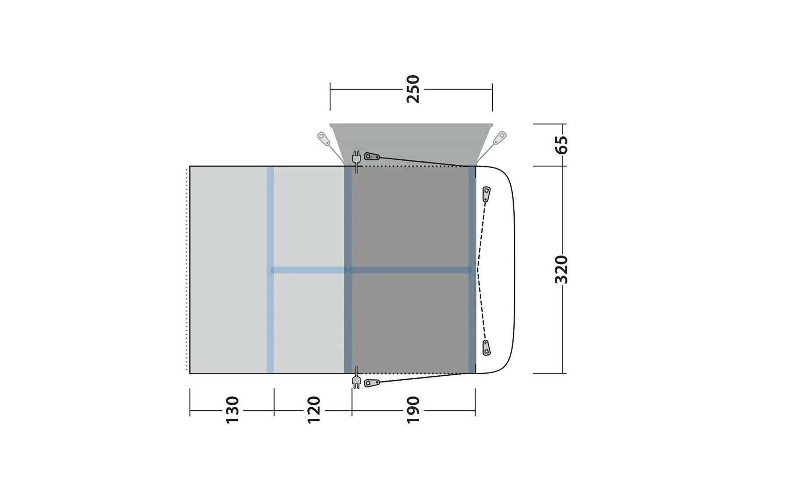 Bovenaanzicht van een rechthoekig, tweekleurig gearceerd vlak (links lichtgrijs, rechts donkergrijs) met blauwe scheidingslijnen; maten: boven '250', rechts '65' en '320', onder '130', '120', '190'; kleine verbindingssymbolen op drie hoeken met stippellijnen; rechterrand afgerond