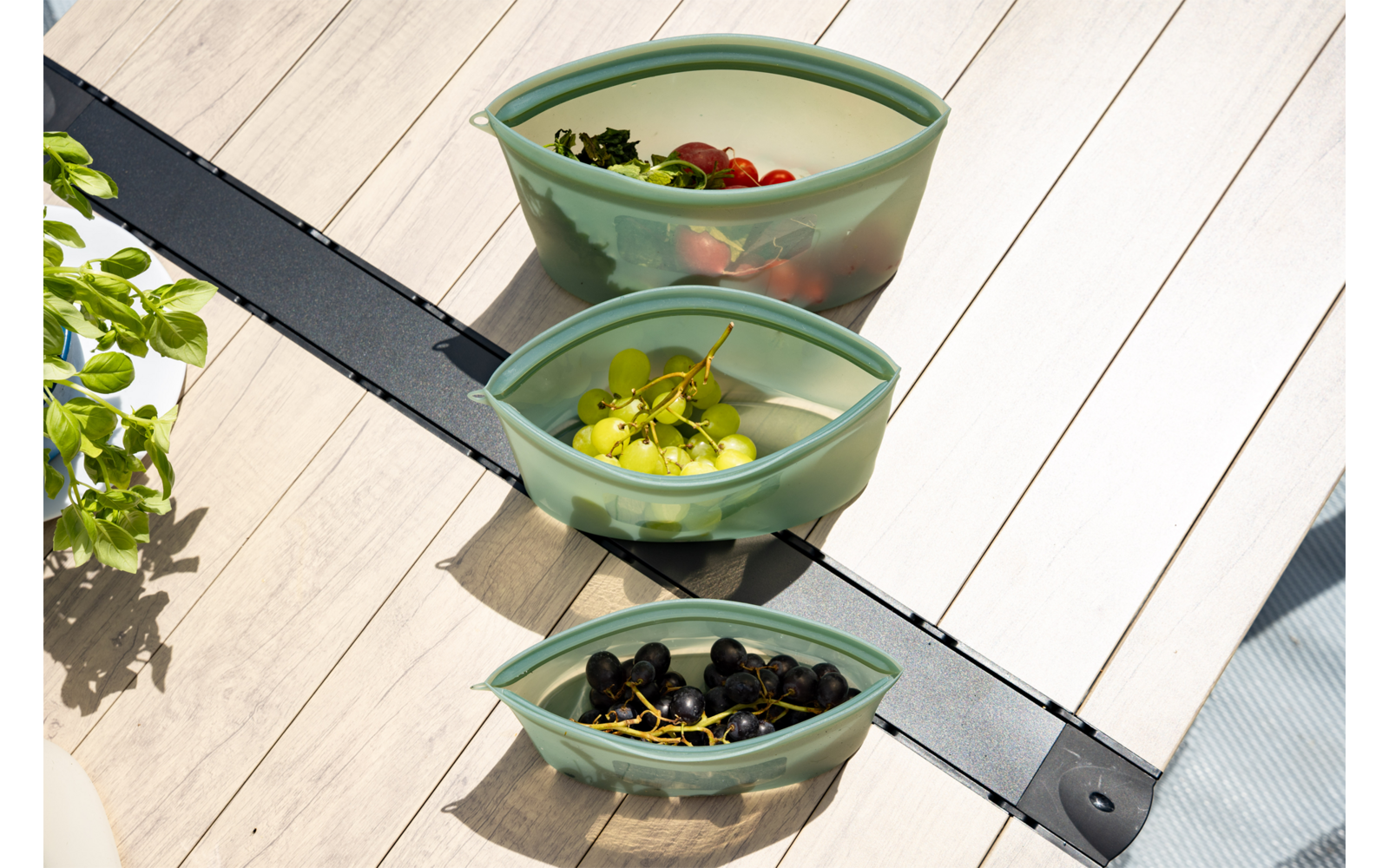 Drei grünliche, halbtransparente Beutel mit grünem Rand, gefüllt mit Lebensmitteln: oben Kirschtomaten und Salatblätter, Mitte grüne Trauben, unten dunkle Trauben; auf hellem Holzfußboden neben einem schwarzen Metallstreifen und einem Pflanzenblatt