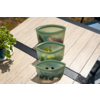 Drei transluzente grüne Standbeutel mit Obst (oben: Erdbeeren, Mitte: grüne Trauben, unten: dunkle Beeren) auf heller Holzfläche; links Topfpflanze