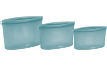 Three translucent turquoise pouches in small, medium, and large, side by side