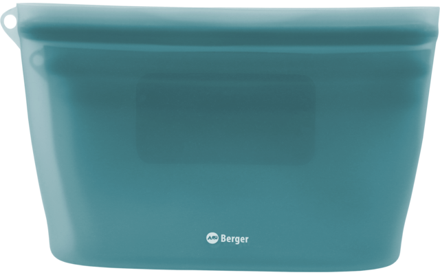 Contenedor rectangular verde turquesa con borde superior redondeado y pequeño logotipo blanco Berger centrado en la parte inferior