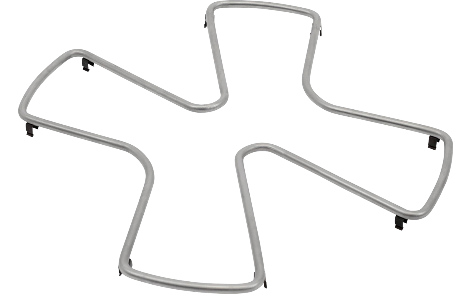 Fünfarmiges silbernes gebogenes Metallgestell mit kleinen schwarzen Clips an den Enden, freigestellt auf weißem Hintergrund