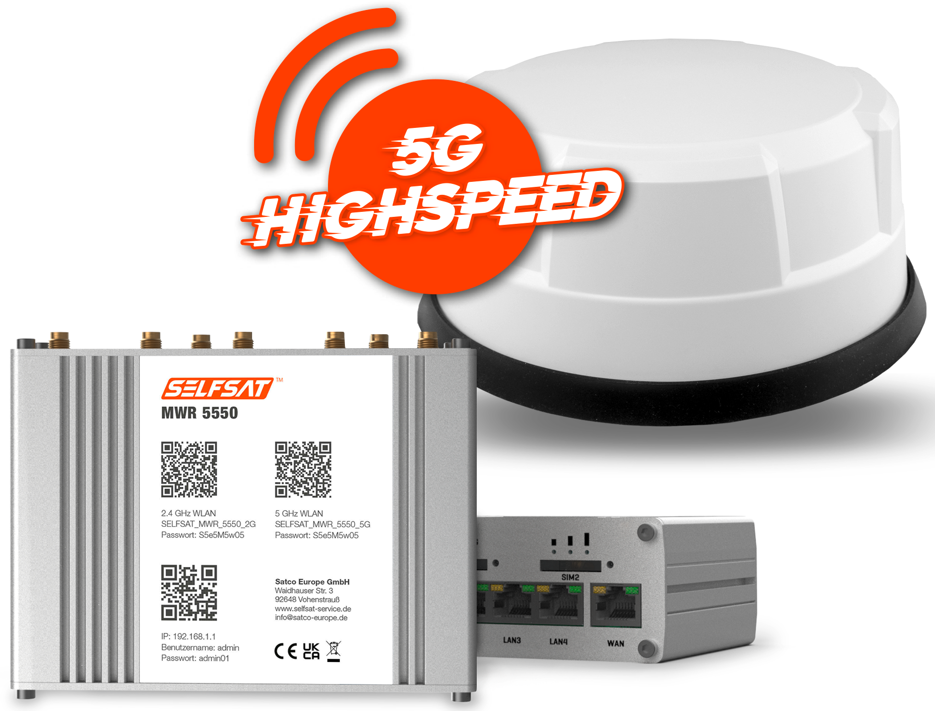 Set router Internet 4G / LTE / 5G e Wifi Selfsat MWR 5550 fino a 3,3 Gbps con antenna da tetto per 5G - Berger Camping
