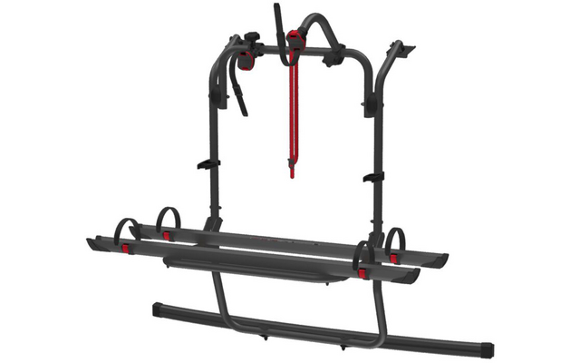 Schwarze Metallkonstruktion mit zwei langen Schienen, mehreren Haltebügeln und roten Akzenten auf weißem Hintergrund