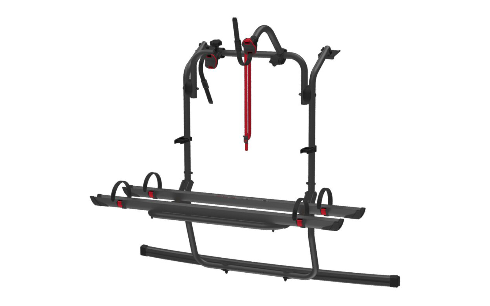 Schwarze Metallkonstruktion mit zwei langen Schienen, mehreren Haltebügeln und roten Akzenten auf weißem Hintergrund