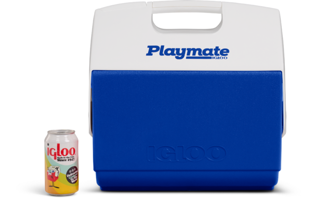 Blaue und weiße Kühlbox mit Tragegriff und Aufschrift "Playmate", links eine kleine Dose mit rot-weißem Etikett