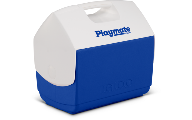 Kleine tragbare blaue-weiße Kühlbox mit Tragegriff, oben Aufschrift 'Playmate' und geprägtem Schriftzug 'Igloo' vorne