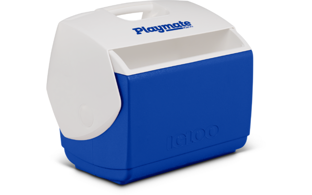 Weiß-blaue tragbare Kühlbox mit Griff, oben Schriftzug "Playmate", vorne geprägter Schriftzug "IGLOO"