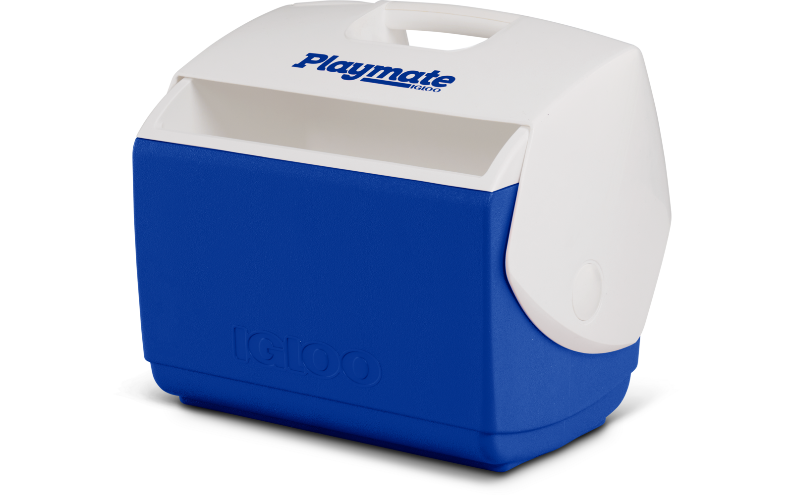 Weiße Deckel-Kühlbox mit blauem Gehäuse, Griff oben, „Playmate“-Logo auf dem Deckel und „Igloo“-Prägung vorne