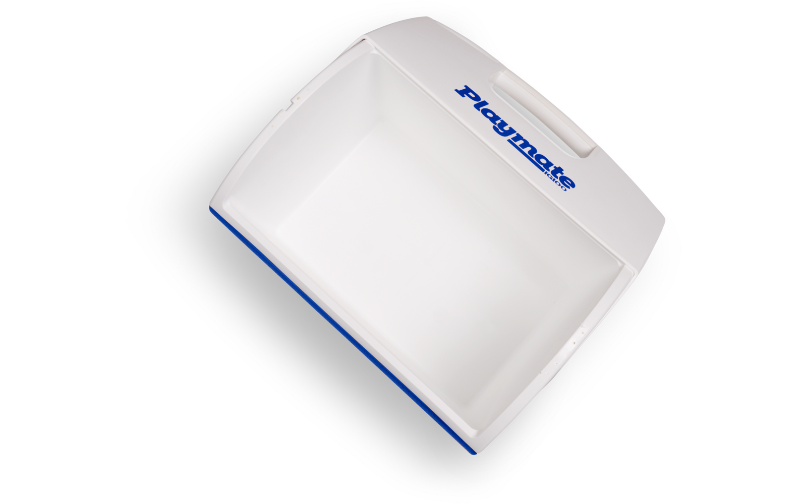 Weiße rechteckige Kunststoffschale mit Tragegriff, innen leer, blauer Schriftzug "Playmate" am oberen Rand und blaue Unterkante