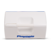 Weißer rechteckiger Kunststoffbehälter mit eingelassenem Griff oben, horizontalem Schieberegler links und blauem Text 'Playmate' vorne unten