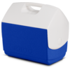 Kunststoffbox mit weißem Deckel und integriertem Tragegriff, blaues Unterteil und eingeprägter Schriftzug "Igloo"