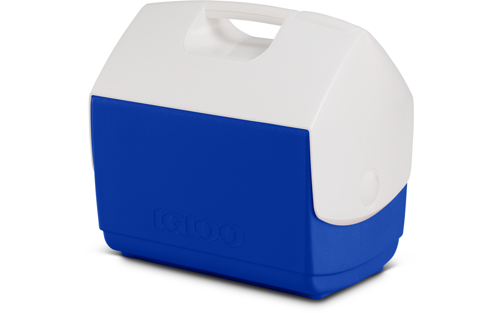 Kunststoffbox mit weißem Deckel und integriertem Tragegriff, blaues Unterteil und eingeprägter Schriftzug "Igloo"