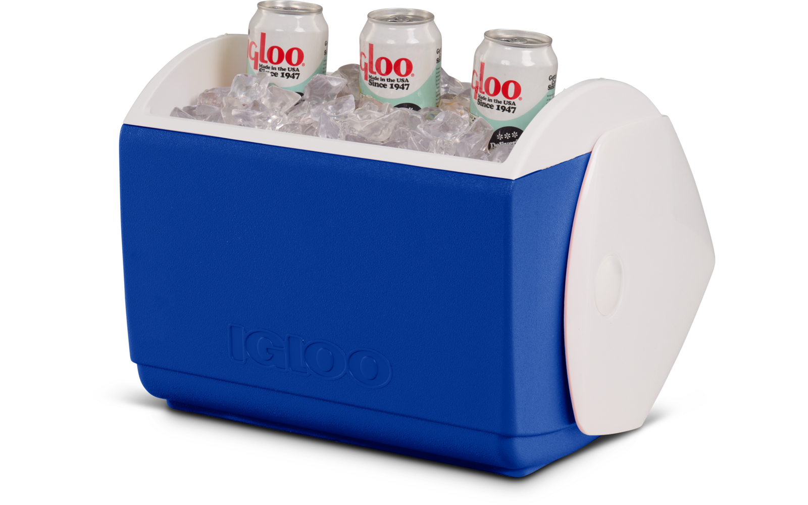 Blaue und weiße Kühlbox mit Eis und drei Dosen