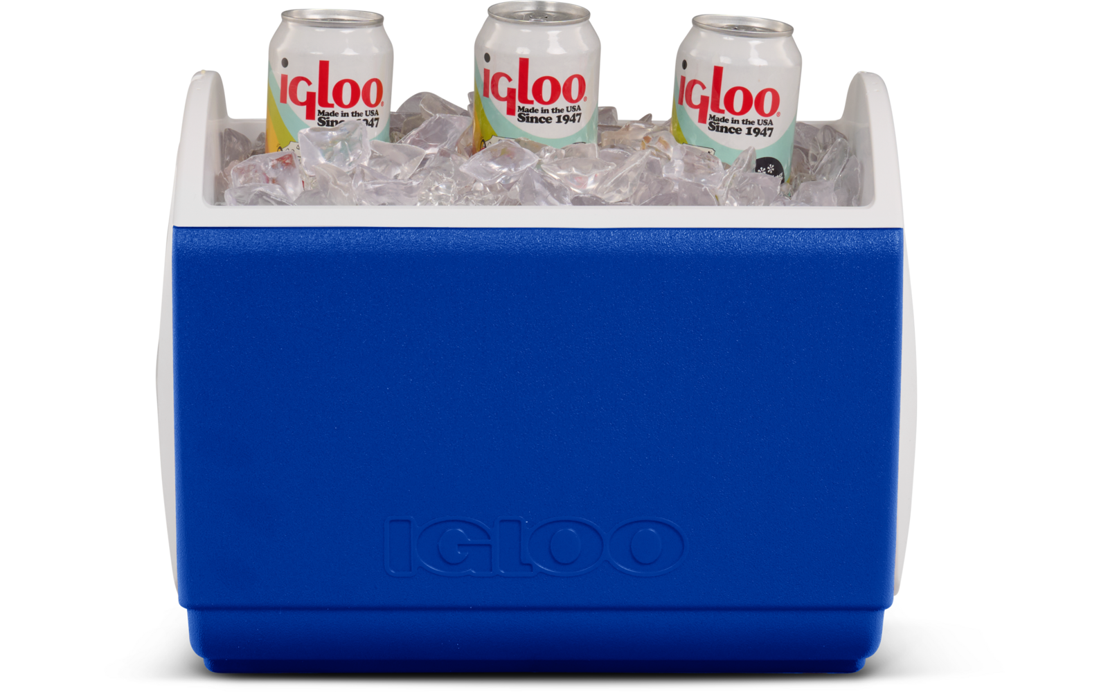 Blauer Igloo-Kühlbehälter mit Eis und drei weißen Dosen mit rotem 'igloo'-Schriftzug