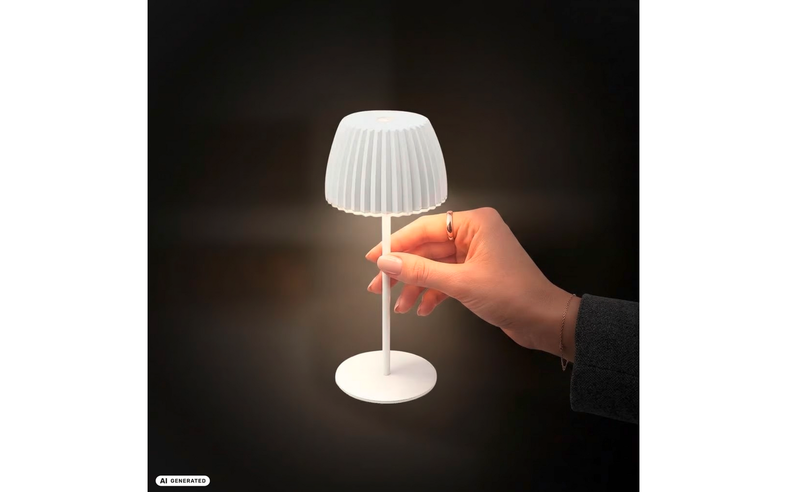 Rechte Hand mit Ring hält den Schaft einer kleinen weißen Tischlampe mit geriffeltem Lampenschirm; Lampe leuchtet vor dunklem Hintergrund. Unten links Schriftzug 'AI GENERATED'