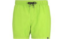 Neon groene zwembroek met elastische tailleband, zwart trekkoord en klein zwart label rechtsonder voor