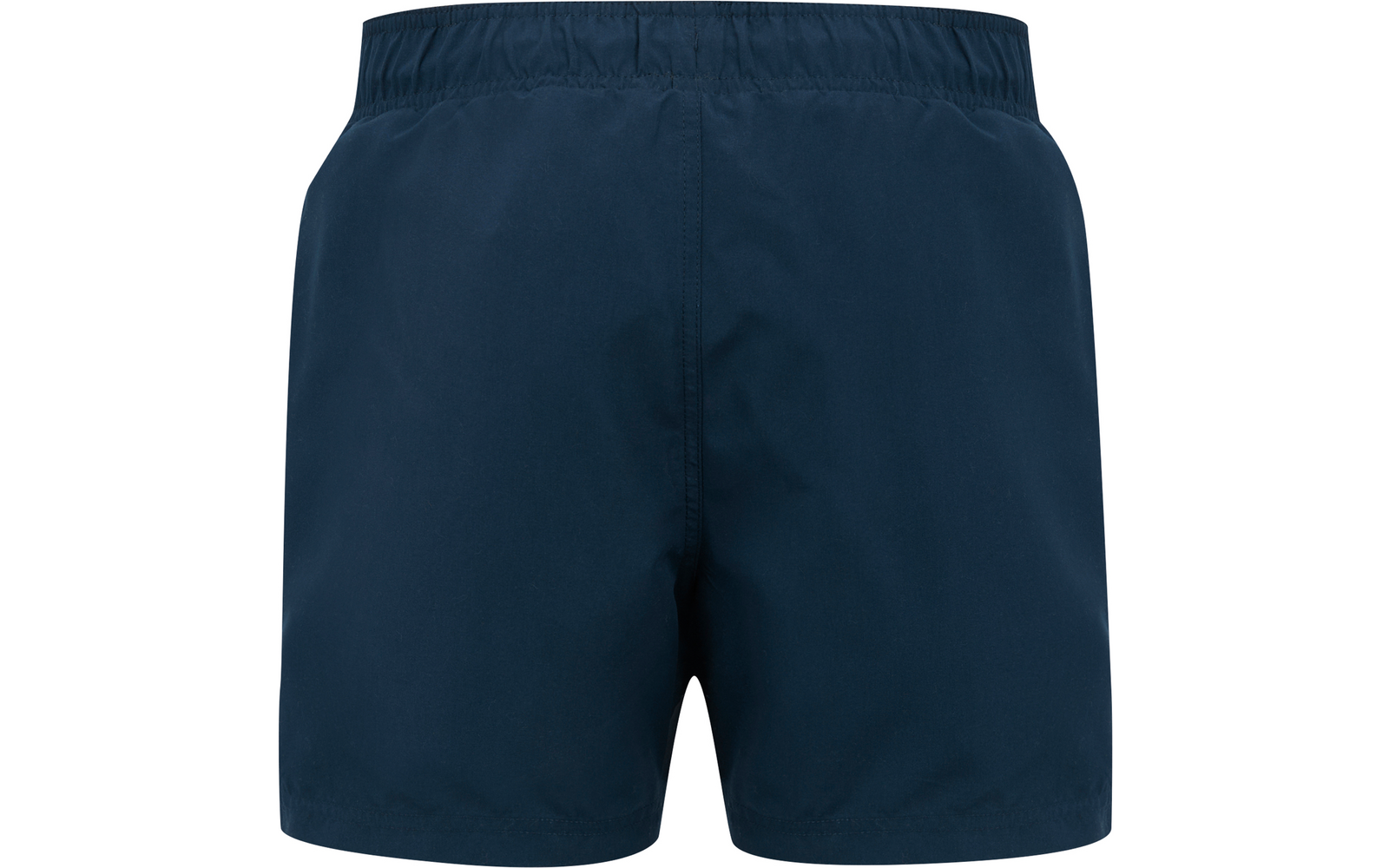 Rückansicht einer kurzen dunkelblauen Badehose mit elastischem Bund und mittiger Naht