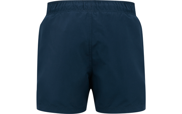 Rückansicht einer kurzen dunkelblauen Badehose mit elastischem Bund und mittiger Naht