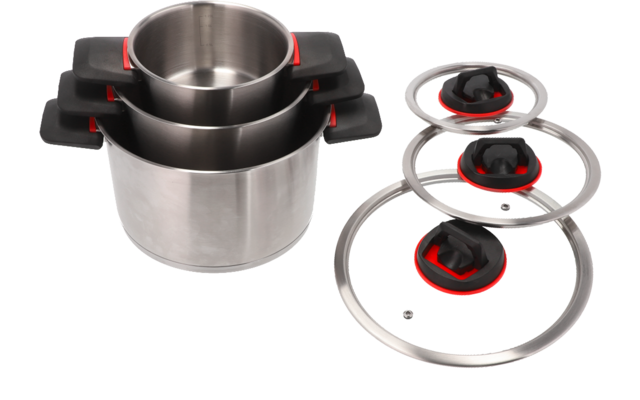 Casseroles en acier inoxydable avec poignées noires et trois couvercles en verre avec poignées rouges