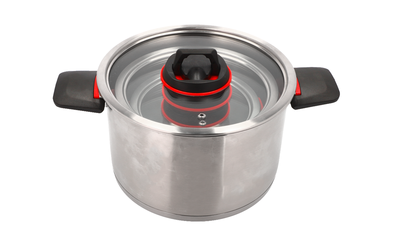 Casserole en acier inoxydable avec couvercle en verre et poignées noires