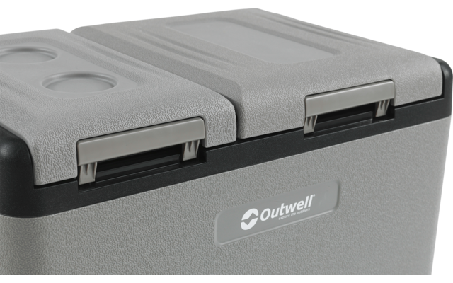 Graue Kühlbox mit zwei Verschlüssen und 'Outwell'-Logo