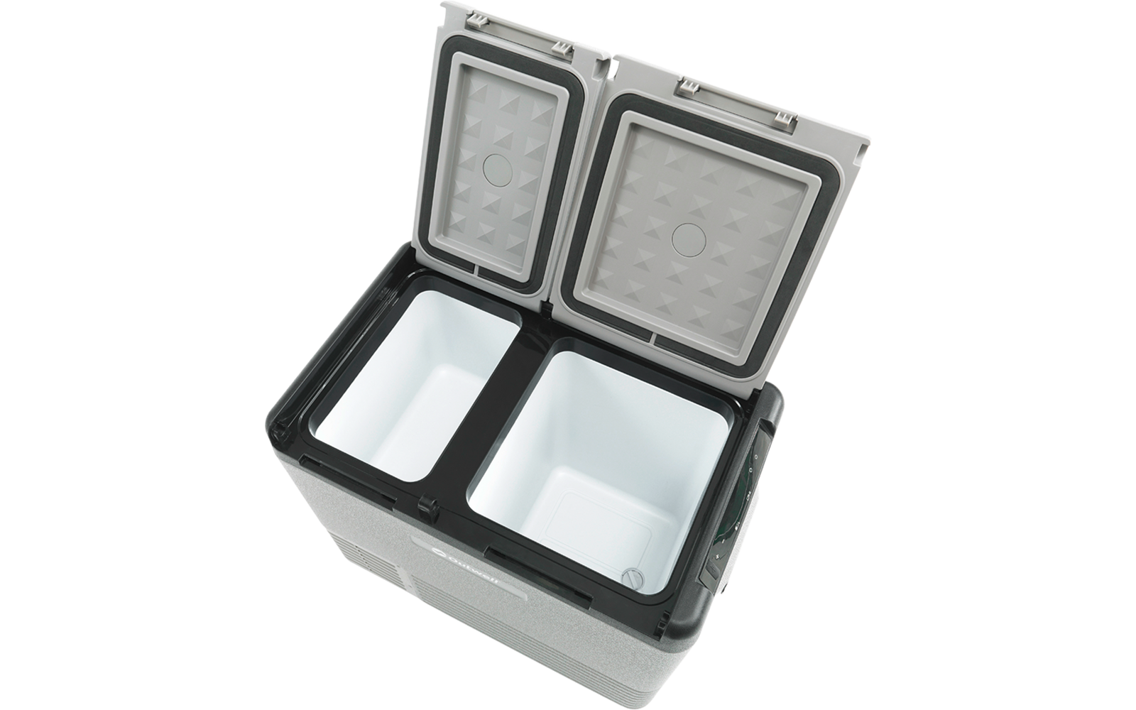 Offene tragbare Kühlbox mit zwei nebeneinanderliegenden Fächern, graue Innenflächen, schwarze Dichtungen und aufgeklappte Deckel