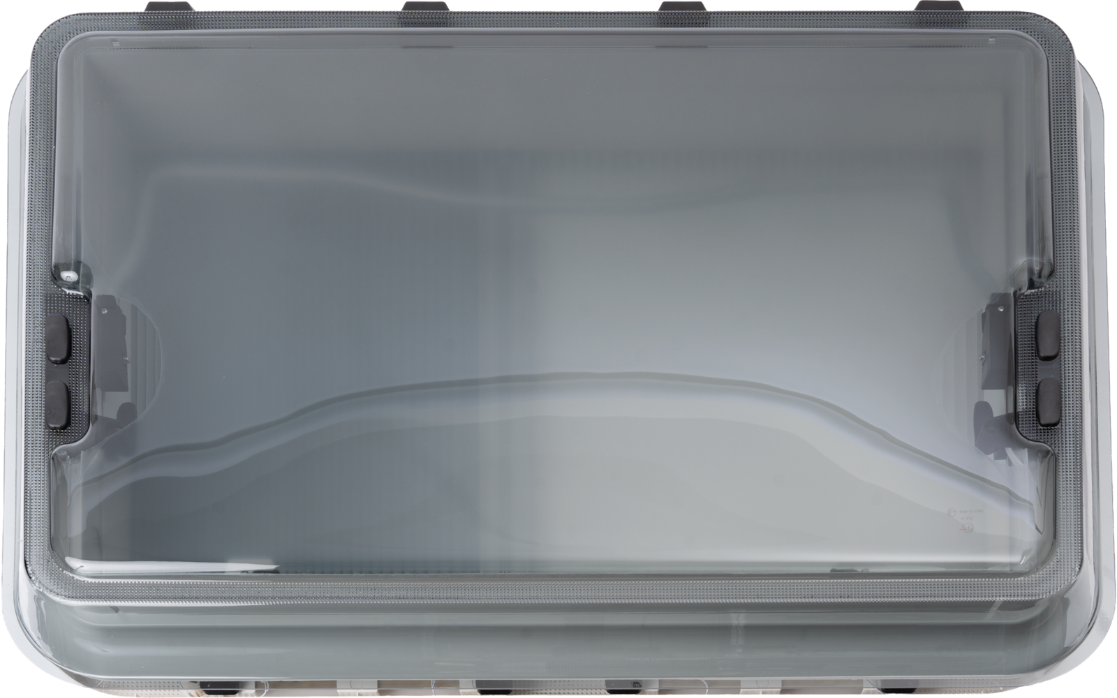 Rectangular flat transparent plastic container with a gray insert and black locking clips on the sides