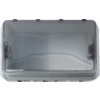Rectangular flat transparent plastic container with a gray insert and black locking clips on the sides
