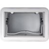 White rectangular frame with transparent glass, two black metal arms with red clips on left and right, white seal along the bottom edge