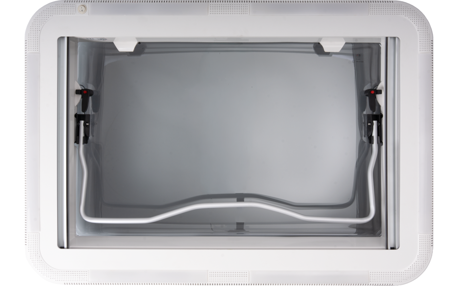 White rectangular frame with transparent glass, two black metal arms with red clips on left and right, white seal along the bottom edge