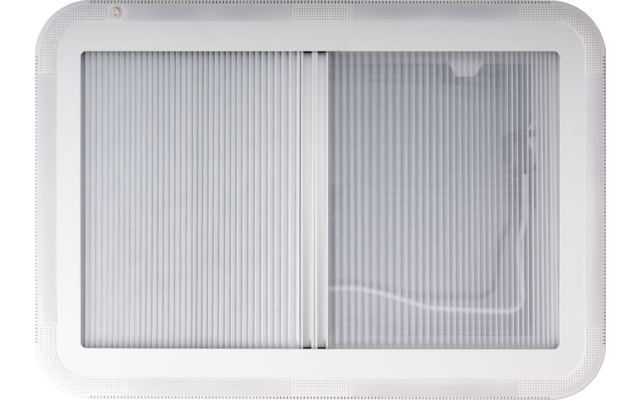 White rectangular frame with two vertically ribbed translucent inserts joined at a center seam, small notch at the top right, and a curved cable visible on the right insert