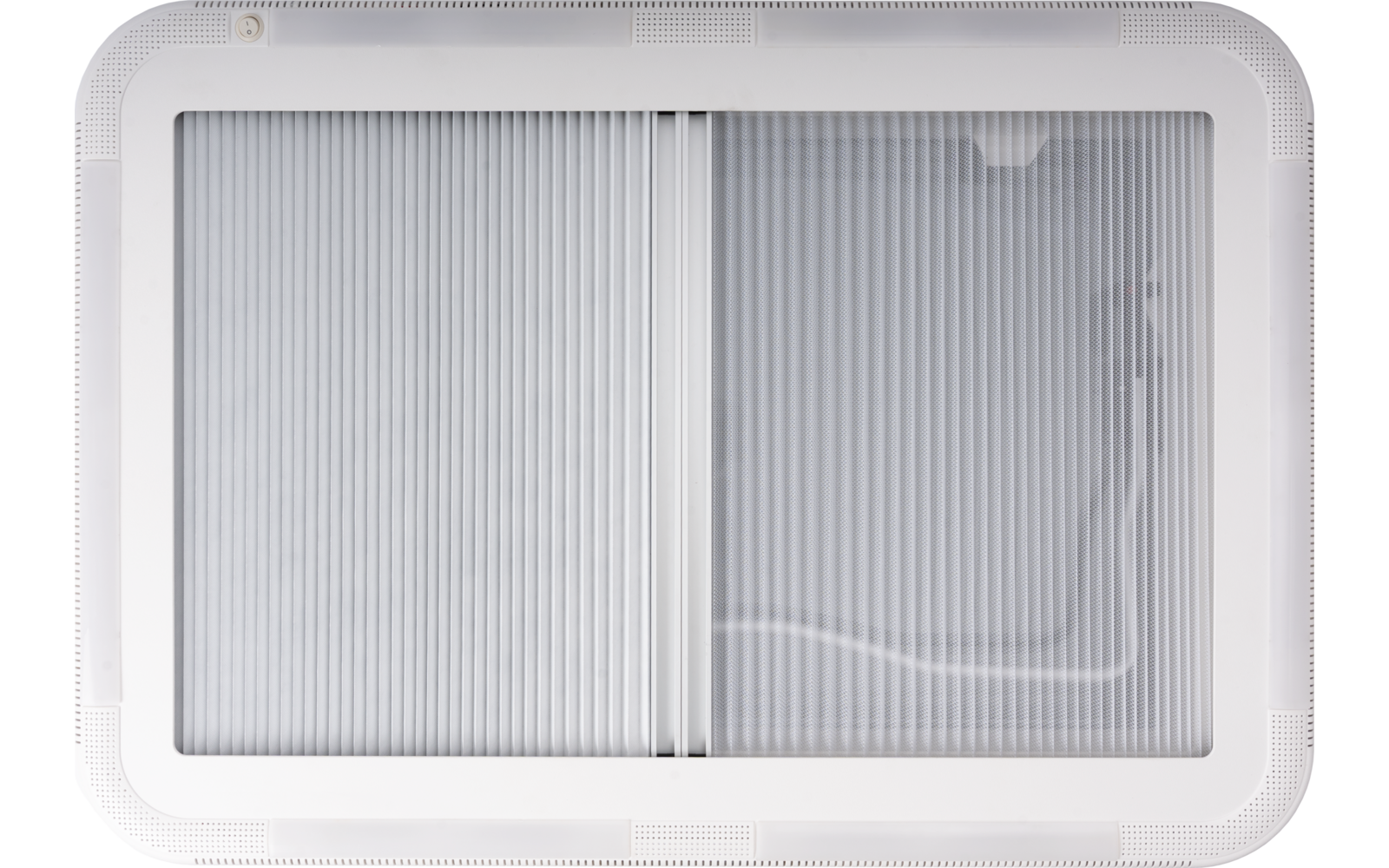 White rectangular frame with two vertically ribbed translucent inserts joined at a center seam, small notch at the top right, and a curved cable visible on the right insert