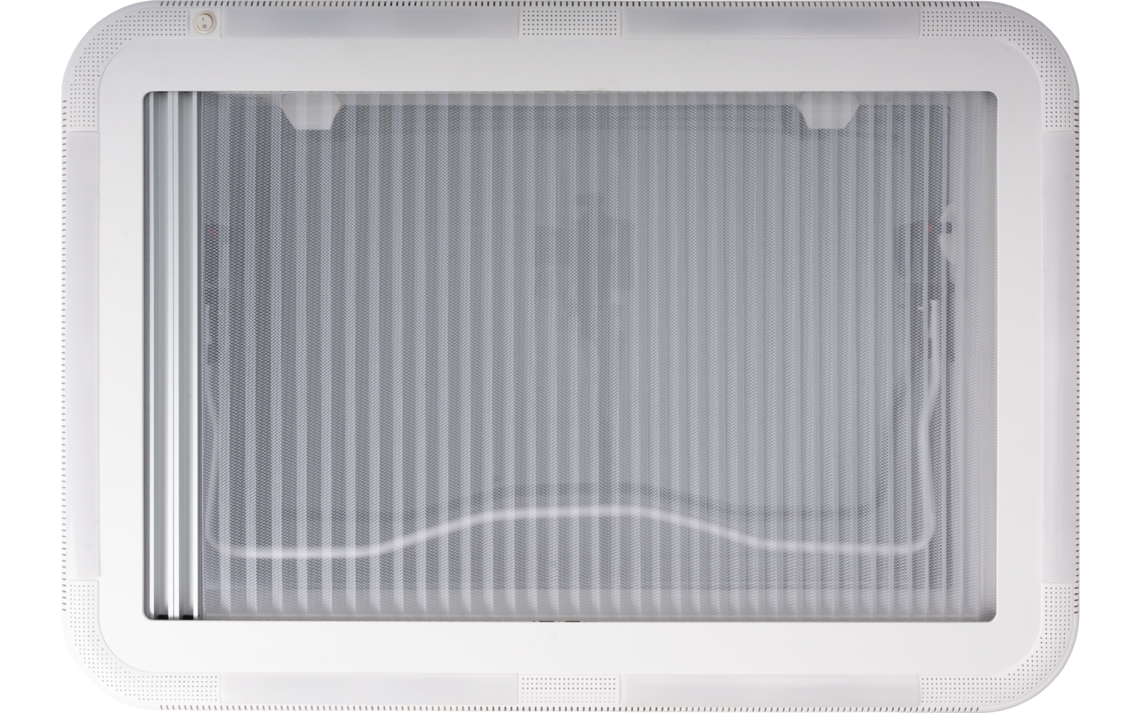 White rectangular light fixture with ribbed translucent cover; visible internal cable and LED strip
