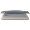 White rectangular frame with a transparent lid opened upward, below a grey ribbed surface and a handle