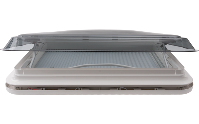 White rectangular frame with a transparent lid opened upward, below a grey ribbed surface and a handle