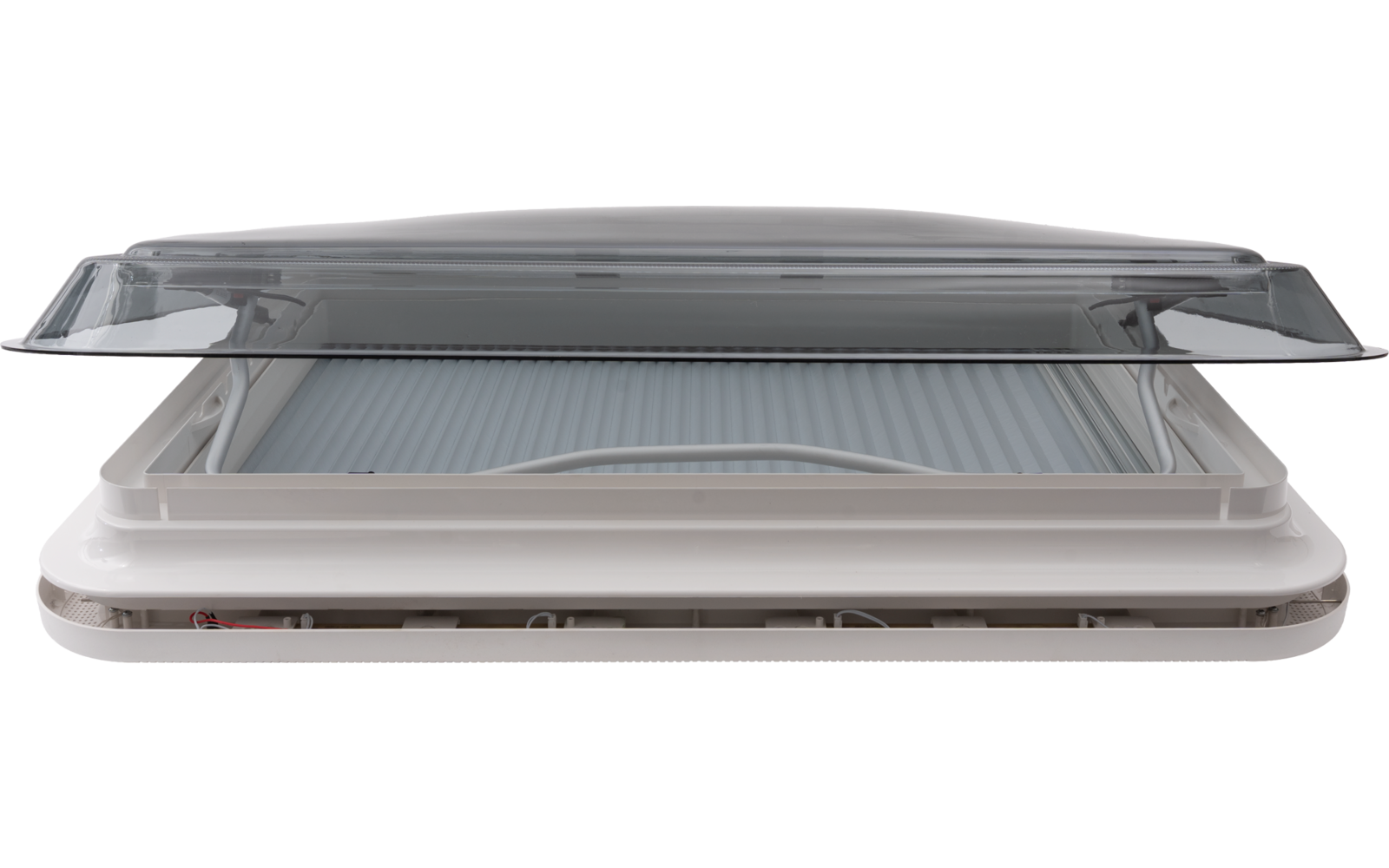 White rectangular frame with a transparent lid opened upward, below a grey ribbed surface and a handle