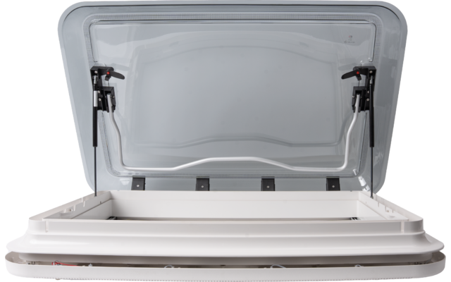 Open white roof hatch with visible frame and two black hinges/arms