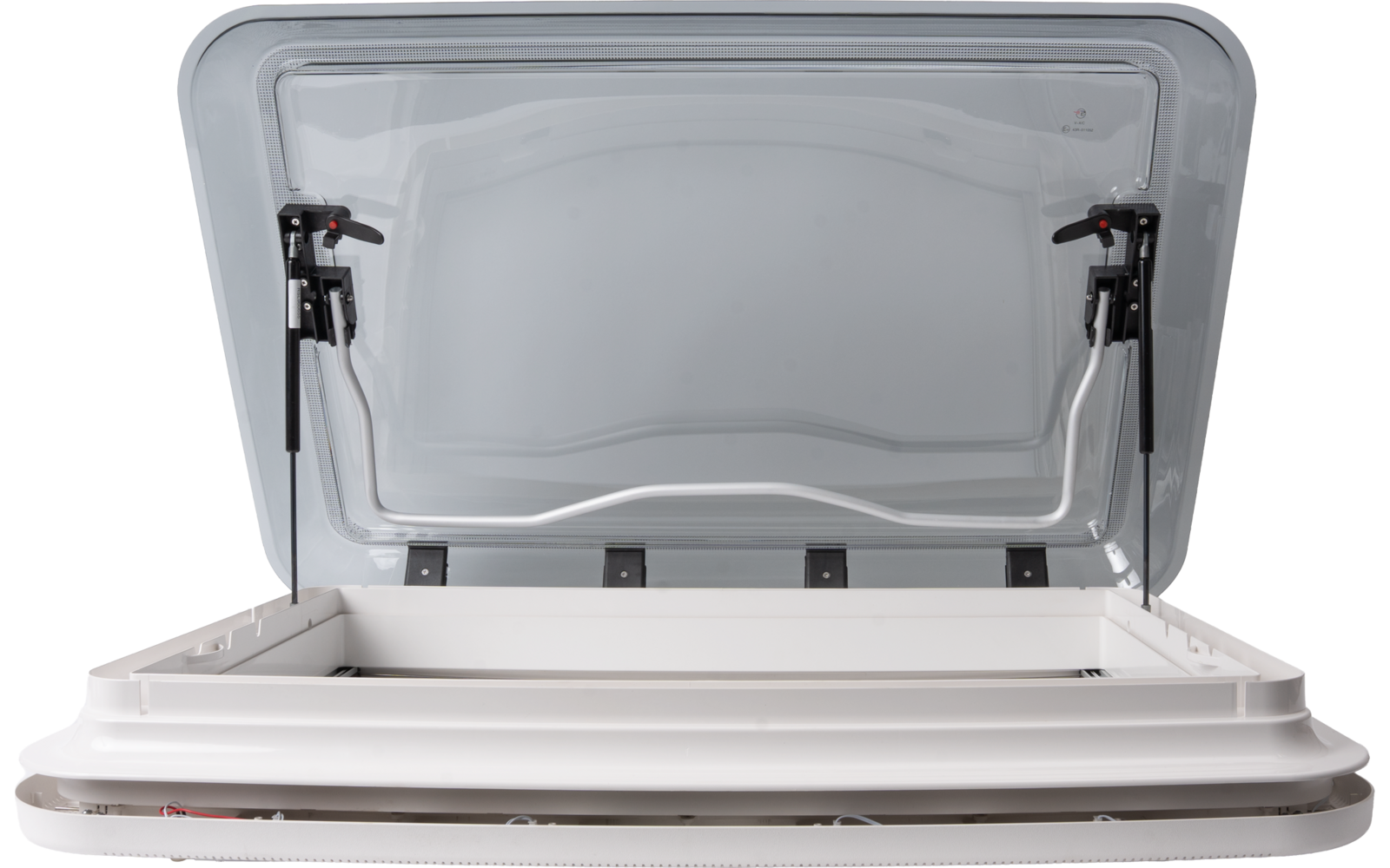 Open white roof hatch with visible frame and two black hinges/arms