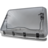 Transparent rectangular cover with curved clear window, gray cable, black hinge and several black clips on a white frame